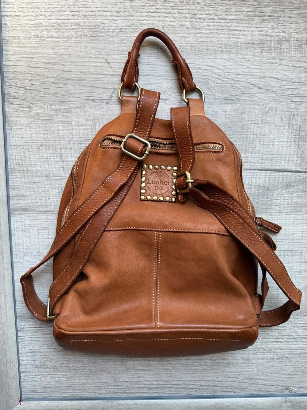 Lusher Stylish Tan Leather Backpack with Brass Accents